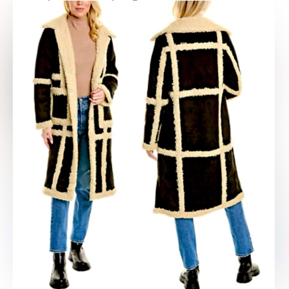 New Rebecca Minkoff Womens Long Vegan Black Cream Shearling Coat - Picture 3 of 13